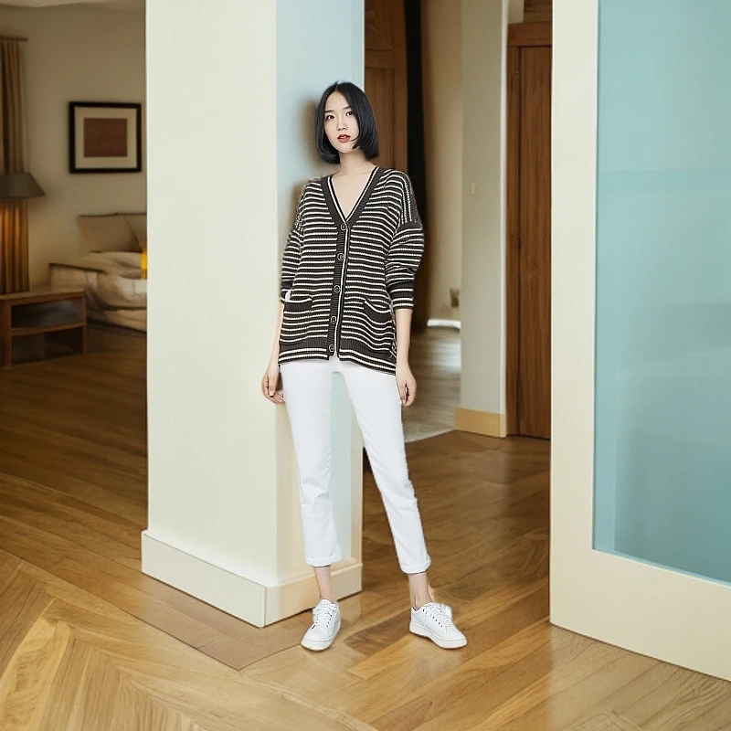 【条纹开衫】新款重工编织条纹显瘦针织开衫