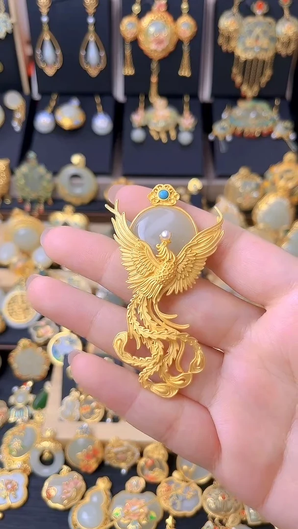 颈饰银S925镀金镶嵌和田玉凤凰展翅吊坠