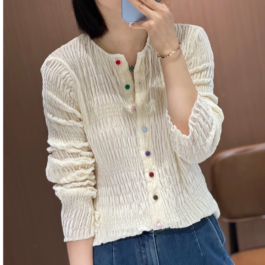 打底春秋小香风100%桑蚕丝真丝短款条纹丝绒上衣小众长袖衬衫衬衣