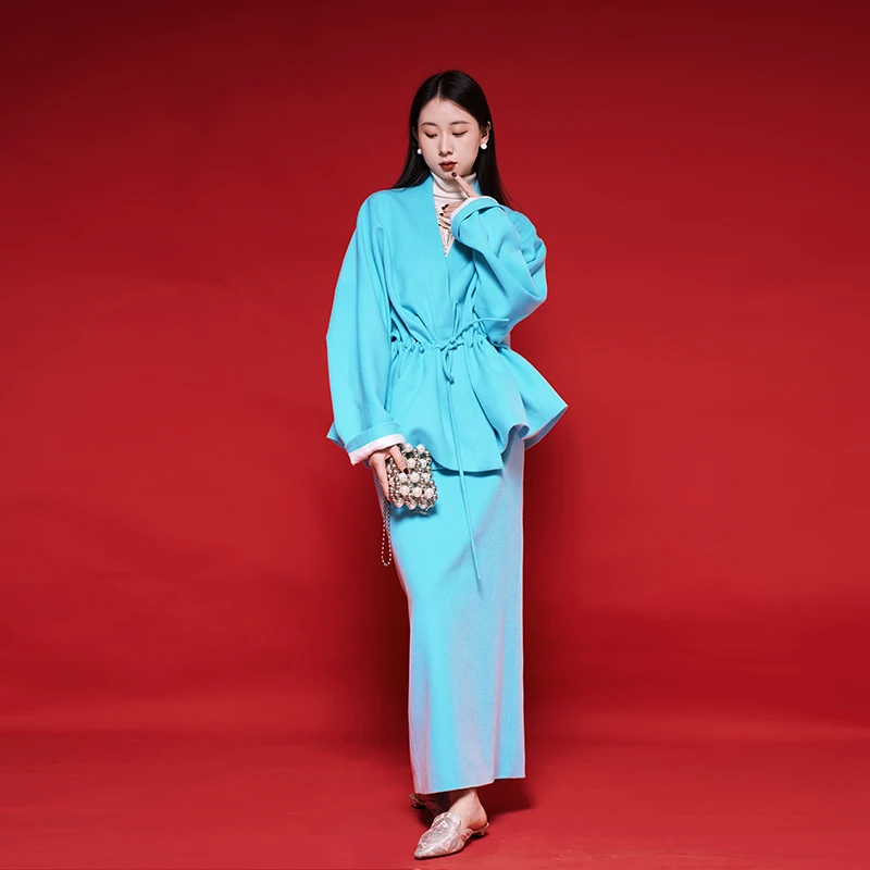 RMC-【墨川】设计感肌理毛呢外套新中式国风系带羊绒大衣S24112606