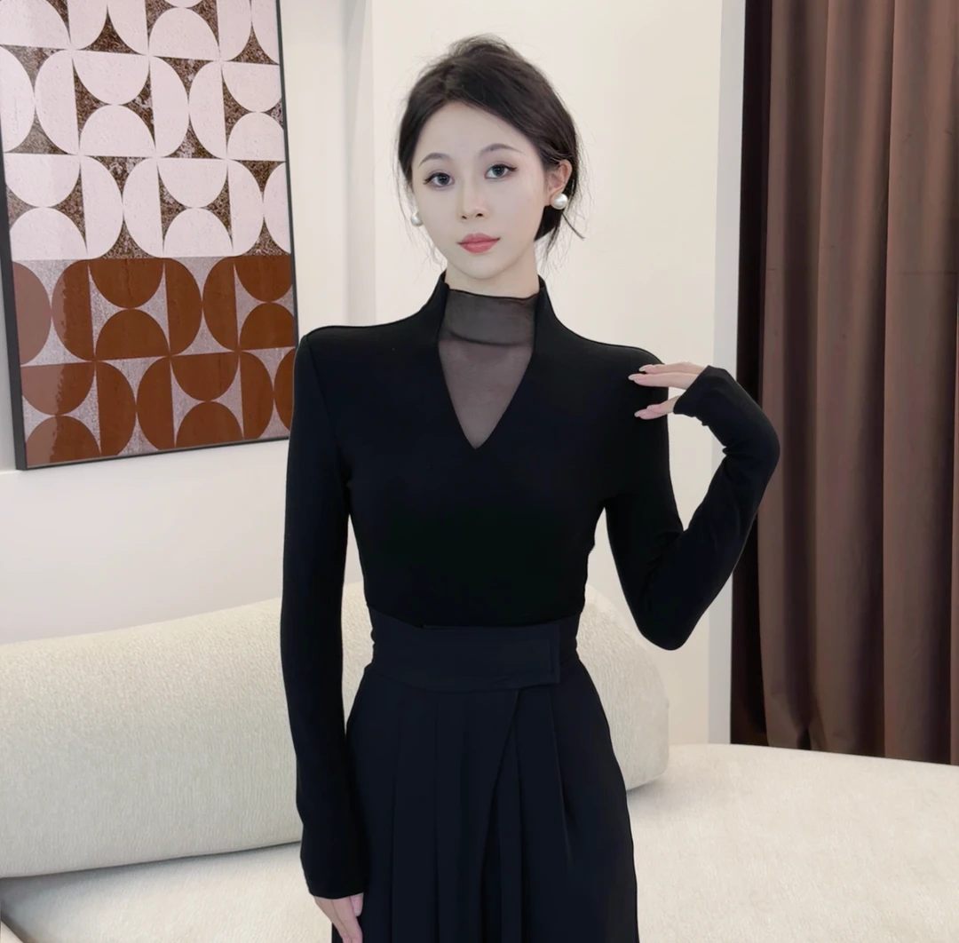 【时髦心机】半高领网纱拼接长袖T恤女2025春季新款百搭上衣9883