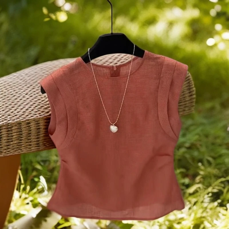 2025夏季新款时尚百搭圆领飞飞袖格子衬衫女薄款简约别致打底上衣