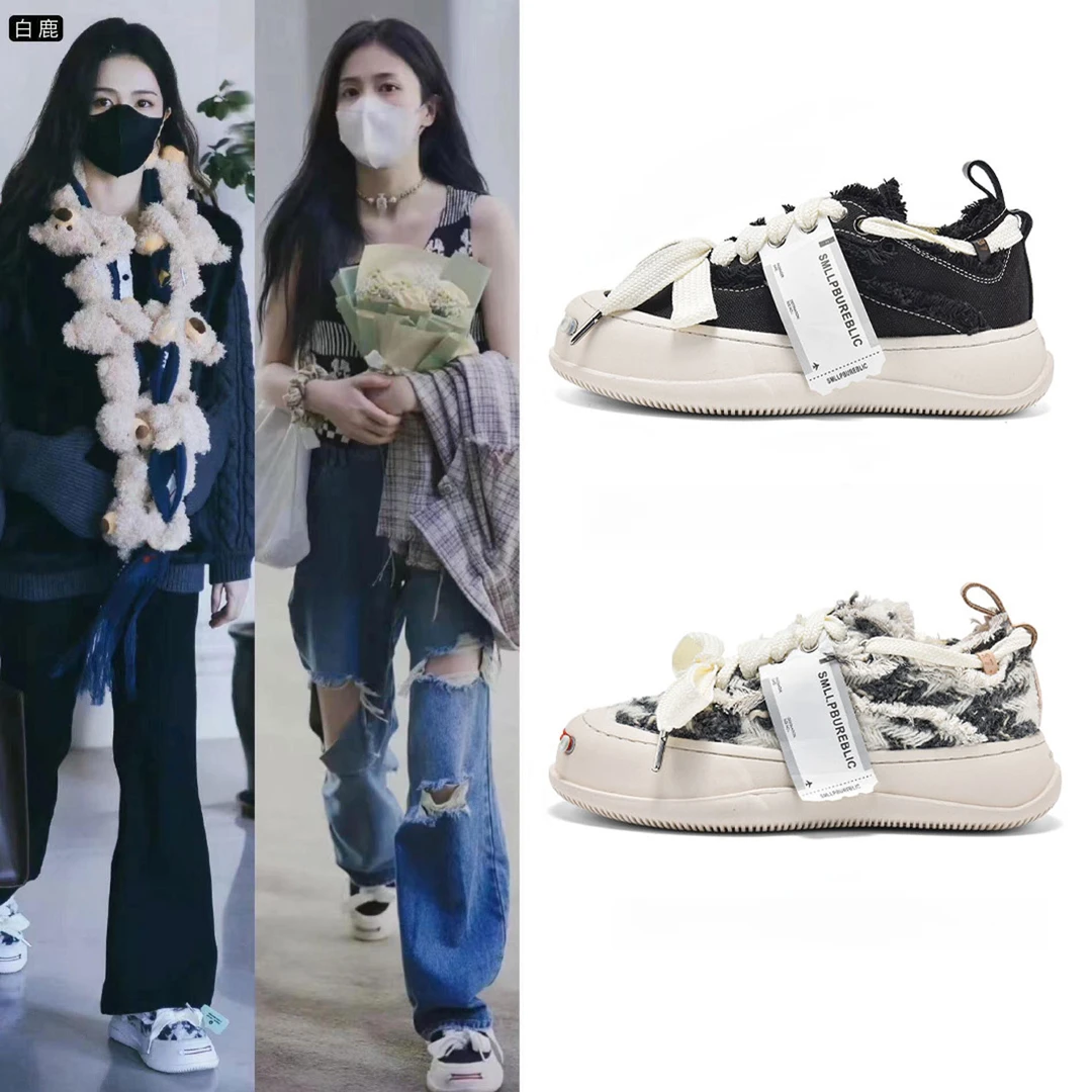 开口笑帆布鞋牛仔蓝男女款秋季2025新款厚底丑萌大头情侣透气板鞋