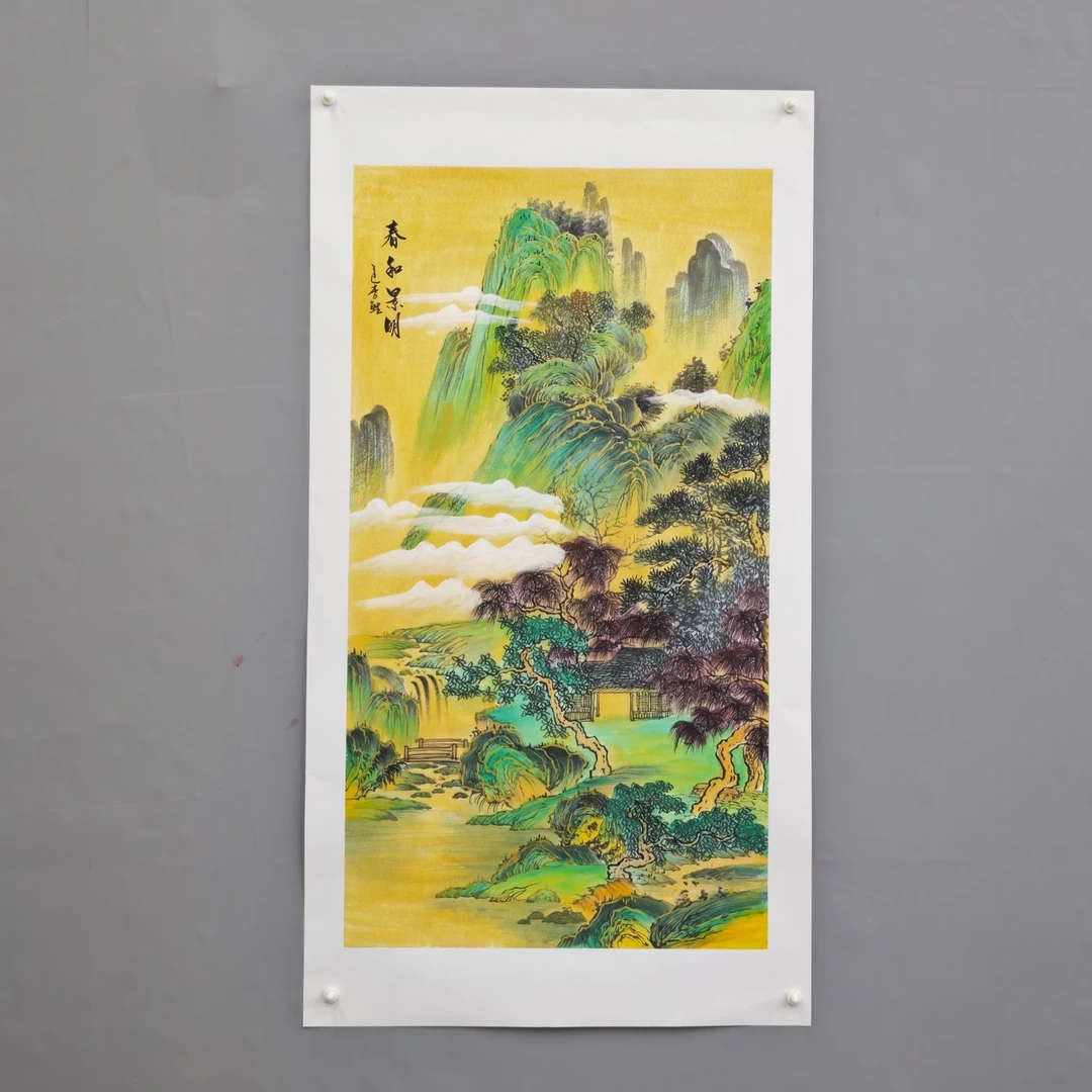 锦煌专属/李鲤手绘/春和景明/金碧山水画/画芯105*55三尺