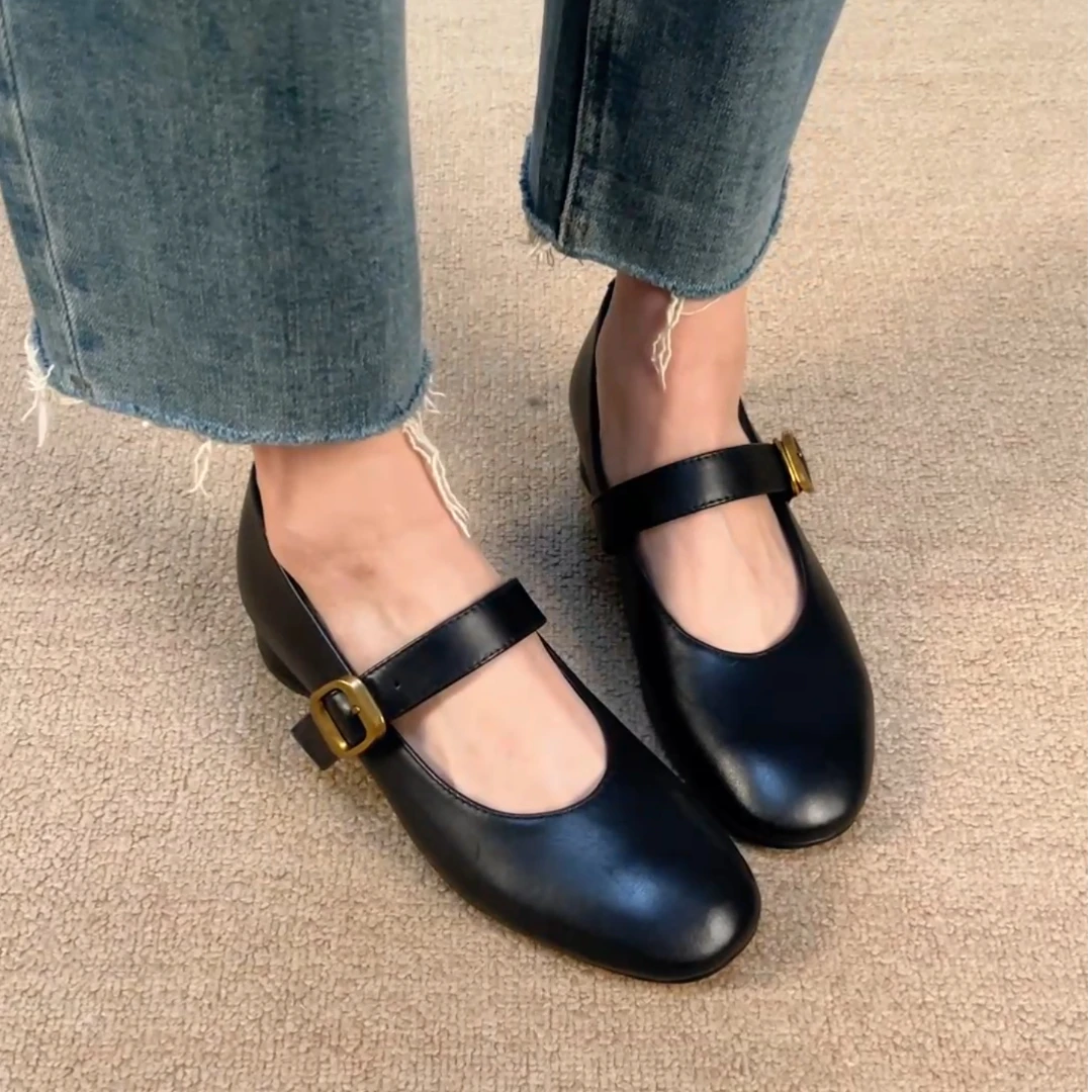 【跟高3CM】里外全真皮方头一字带玛丽珍鞋浅口粗跟平底女乐福鞋
