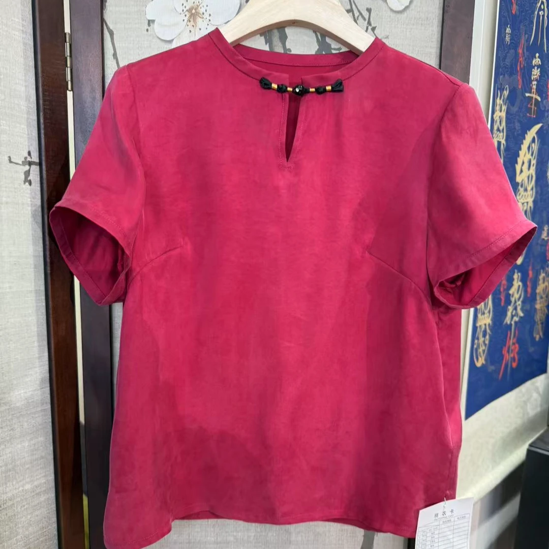 清平乐100%铜氨丝透气质时尚百搭夏季玫粉色中式圆领衬衫C097