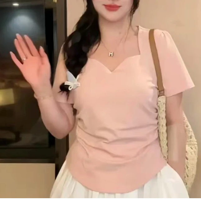大码气质胖mm设计感欧若风收腰褶皱上衣修身显瘦纯色v领短袖T恤