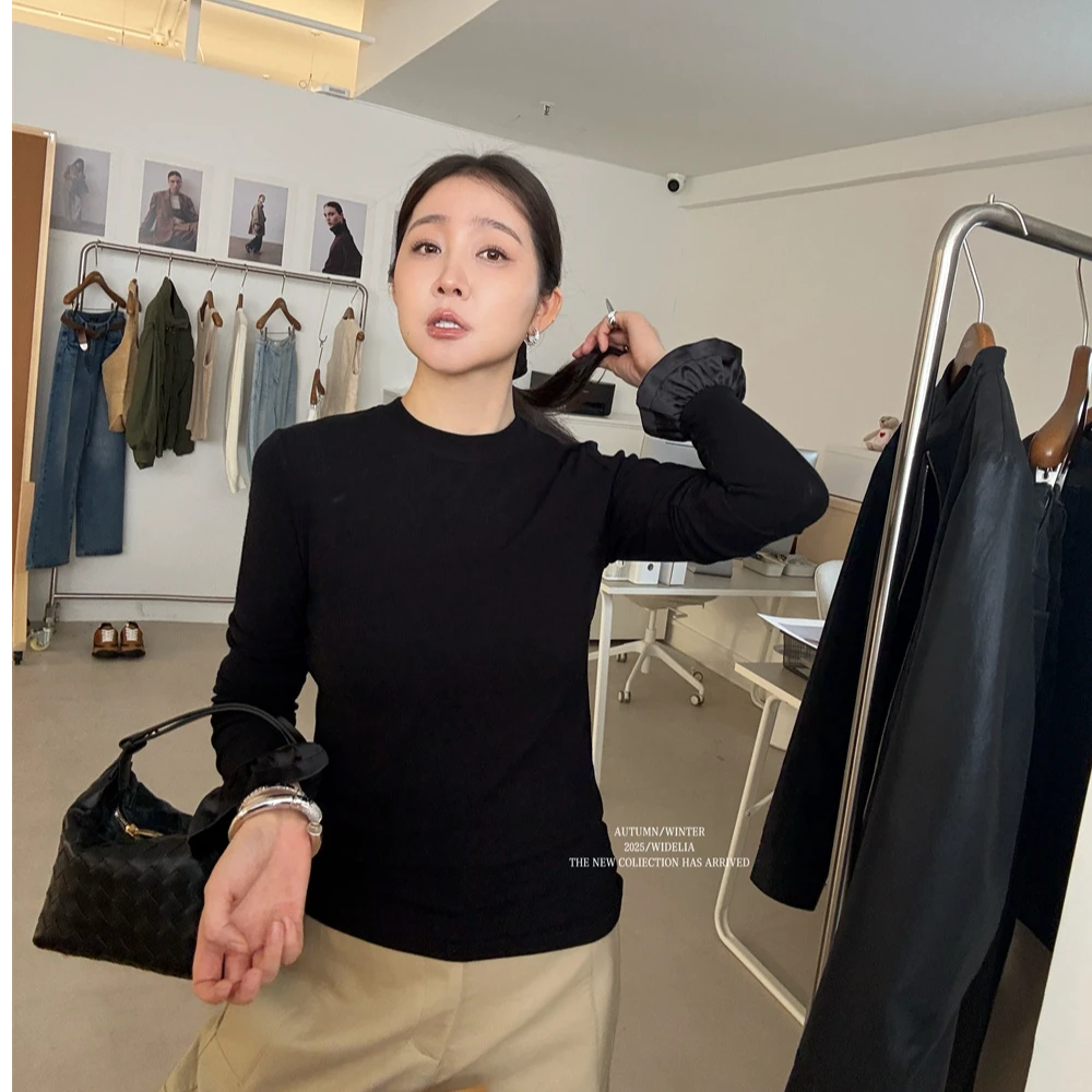 林宝宝长袖黑色纯色保T恤打底衫修身常规喇叭袖圆领7056