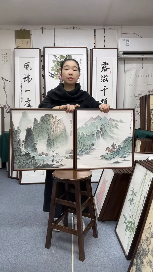 国画九****承尺寸52*52实木画框京东包邮手绘一单两幅