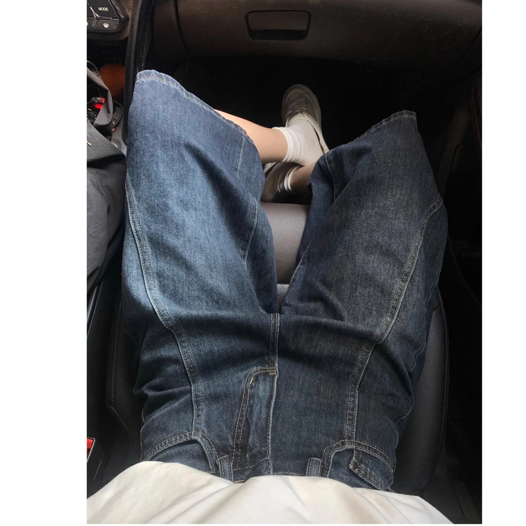 深蓝色牛仔短裤女夏季大码胖mm梨形身材高腰显瘦直筒阔腿七分中裤