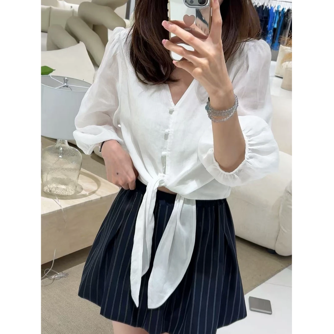 JAS今屿【夏日蝴蝶防晒】法式极简轻奢绑带薄款衬衫 JY252-XA-7655