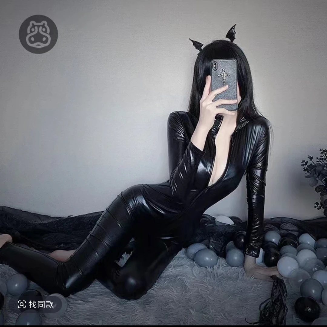 圣诞装新年诱惑连体皮衣全身长袖全腿漆皮拉链连体紧身衣睡裙