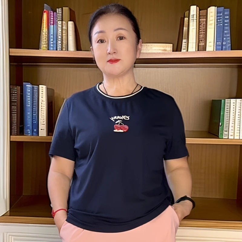 2025初夏2571樱桃刺绣新款撞色时尚轻奢百搭休闲女装夏季圆领半袖