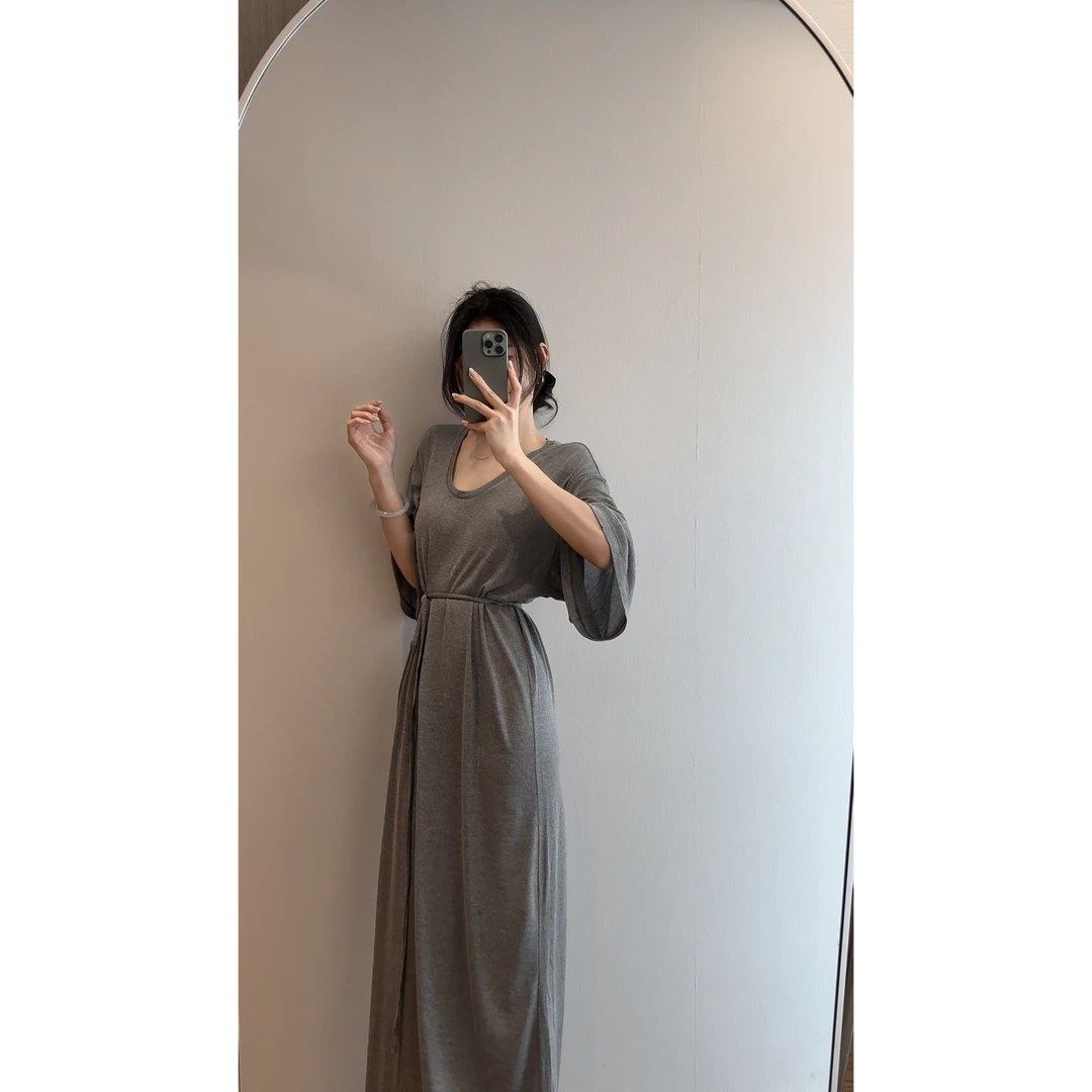 【匿名拥抱】极简休闲松弛慵懒系带长连衣裙(配腰绳)