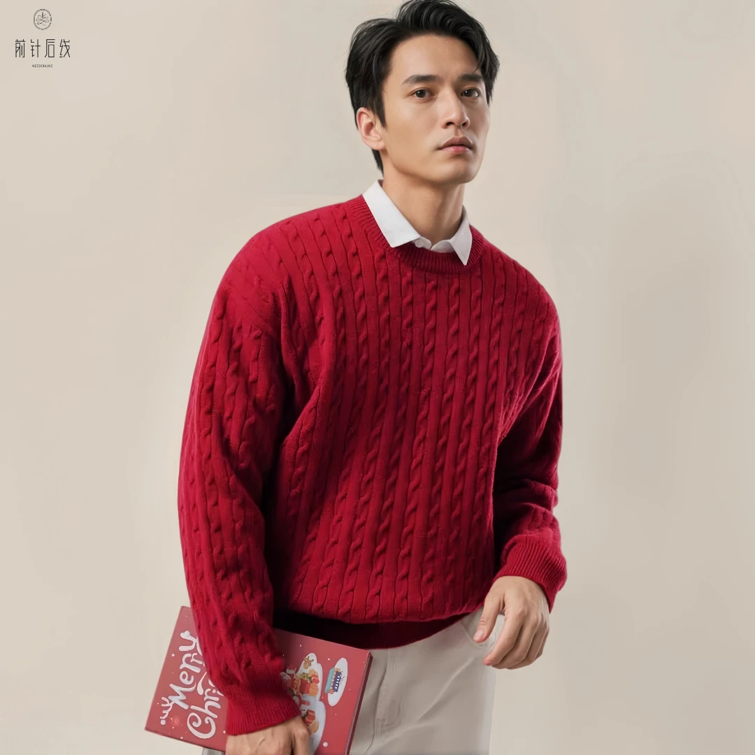 康赛妮100%山羊绒圆领厚款秋冬保暖针织绞花套衫男装高品质男款