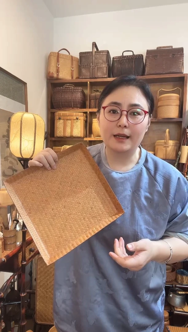 XJDG29大漆竹席正方形斜脚茶盘大