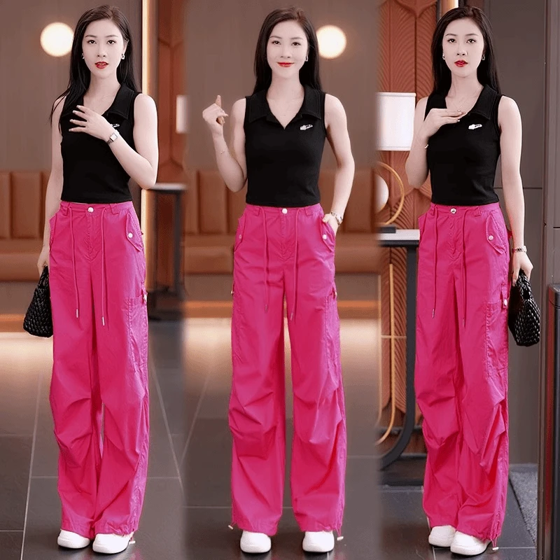 美式休闲工装裤女2024夏季新款辣妹高腰显瘦洋气冰丝宽松阔腿裤
