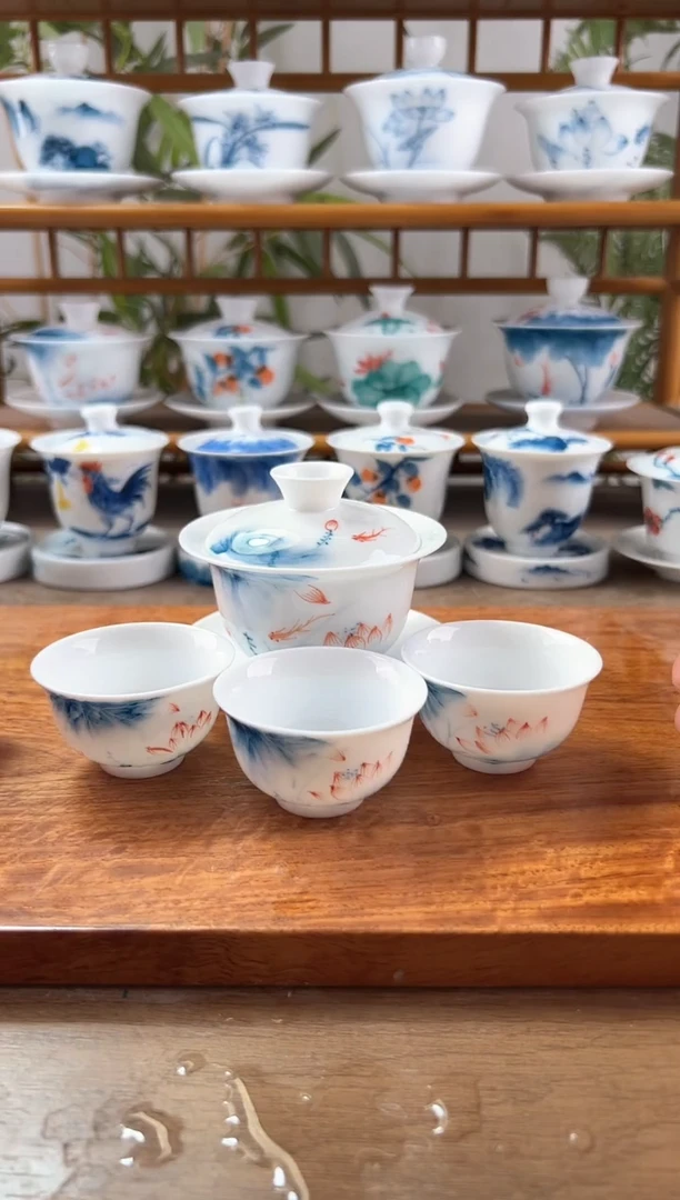 微瑕蓝莲130ml三才盖碗+小和顺杯3个