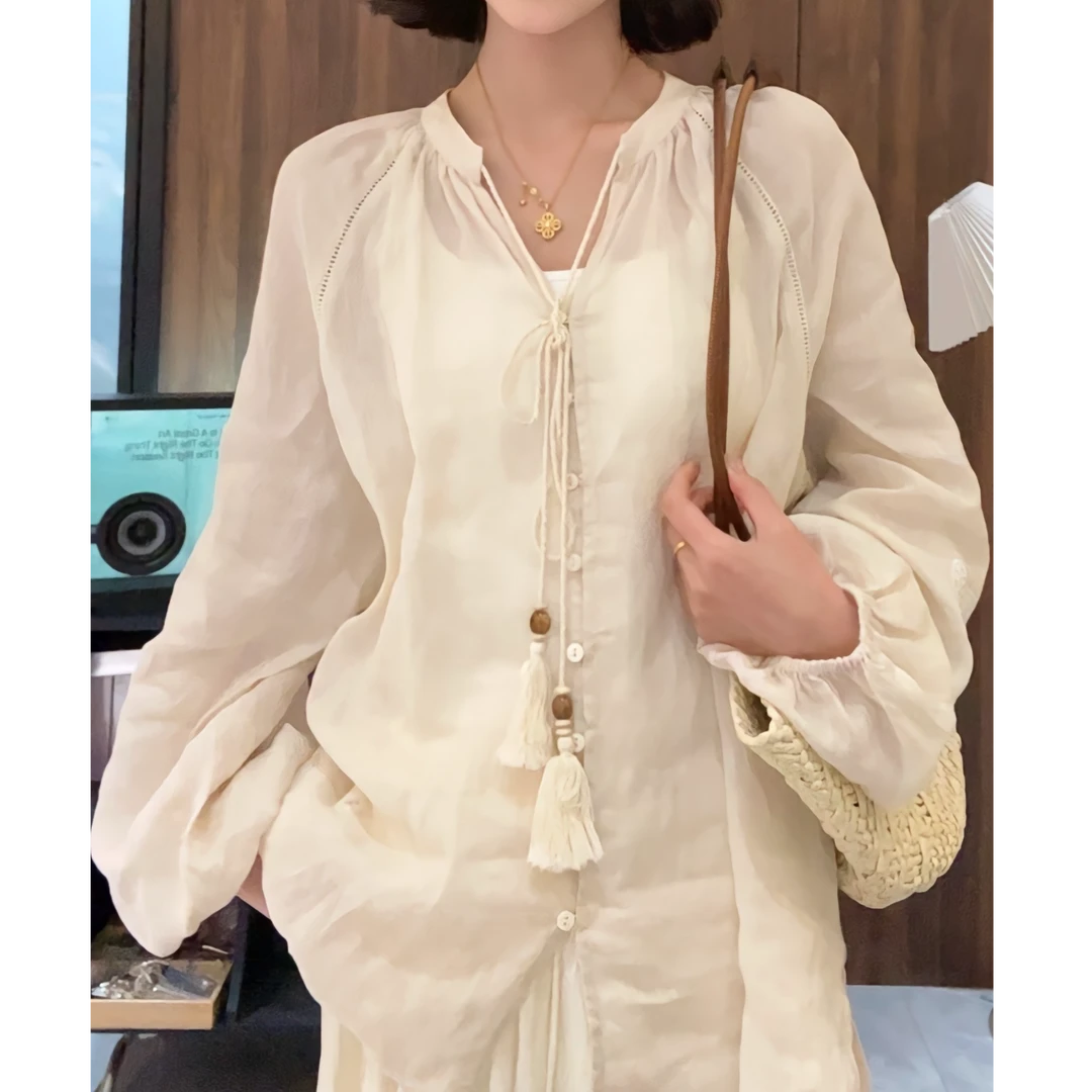 国风新中式简约设计感灯笼袖100%苎麻衬衫