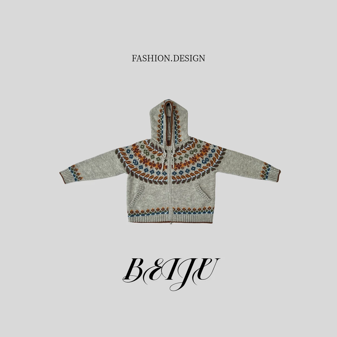 BEIJU【奇遇】费尔岛风连帽拉链毛衣女复古加厚保暖针织开衫7242