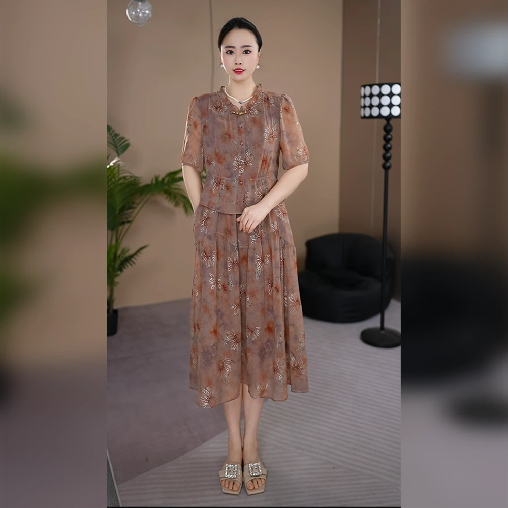 端庄优雅妈妈装连衣裙2025夏季新款时尚洋气印花中老年女装裙子