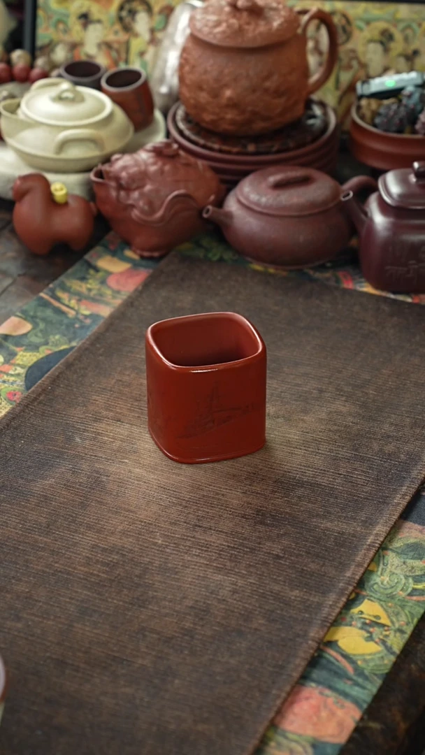 朱泥刻绘飞机四方杯32432