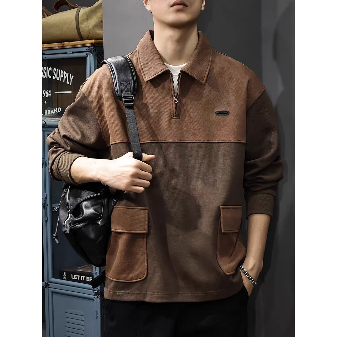 高级感时尚复古撞色拼接速干工装半拉链Polo衫男春秋宽松卫衣DS