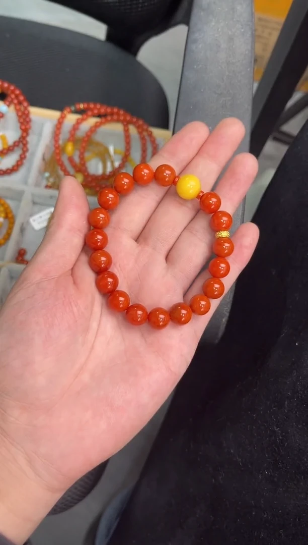 未镶嵌手串南红玛瑙柿子红满色满肉单圈蜜蜡QF-A482（多样性发一）