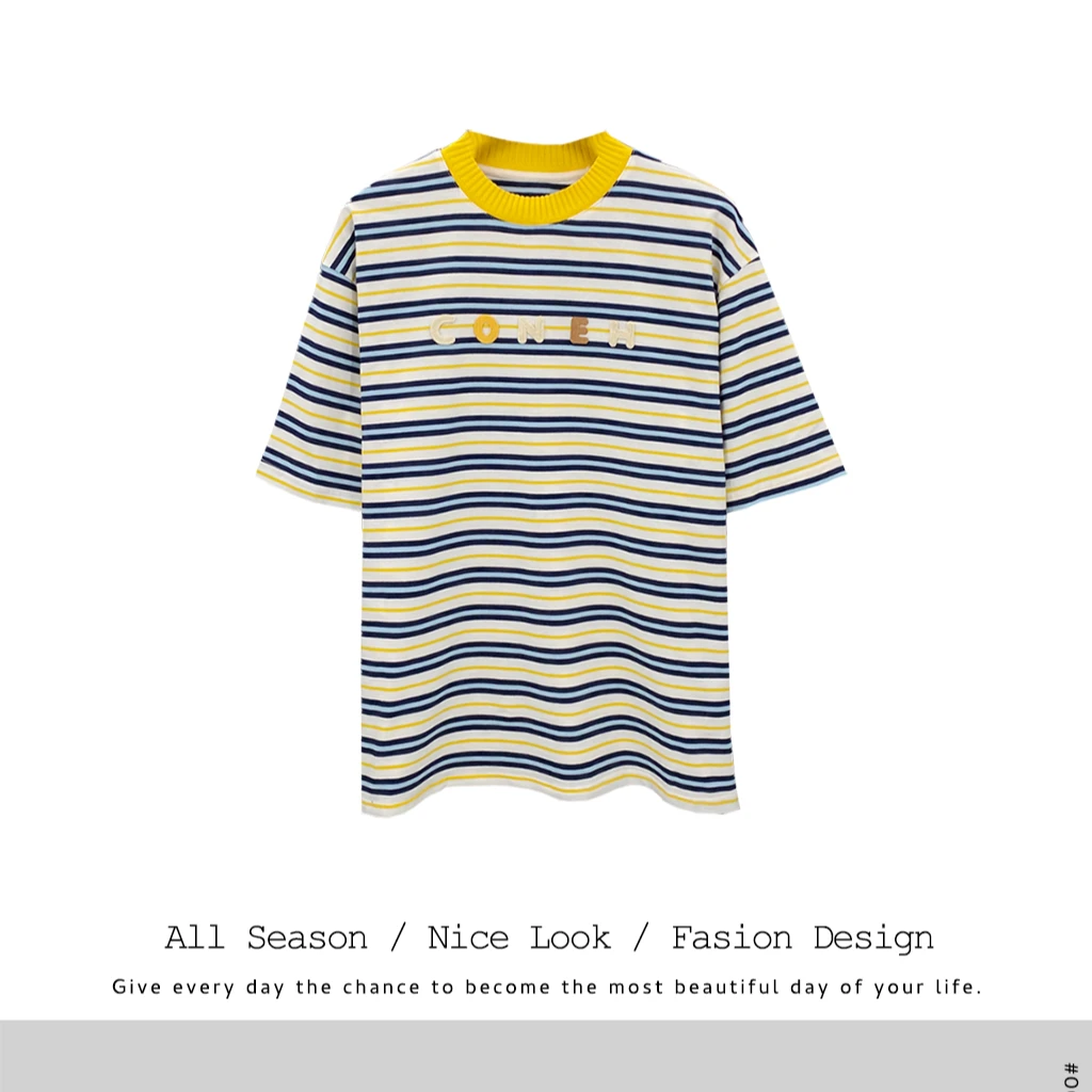 619 2025春夏新款圆领字母刺绣条纹拼色宽松时尚短袖打底#70252