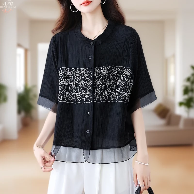 夏季时尚洋气高级感减龄刺绣短袖雪纺衬衫女士宽松显瘦休闲上衣