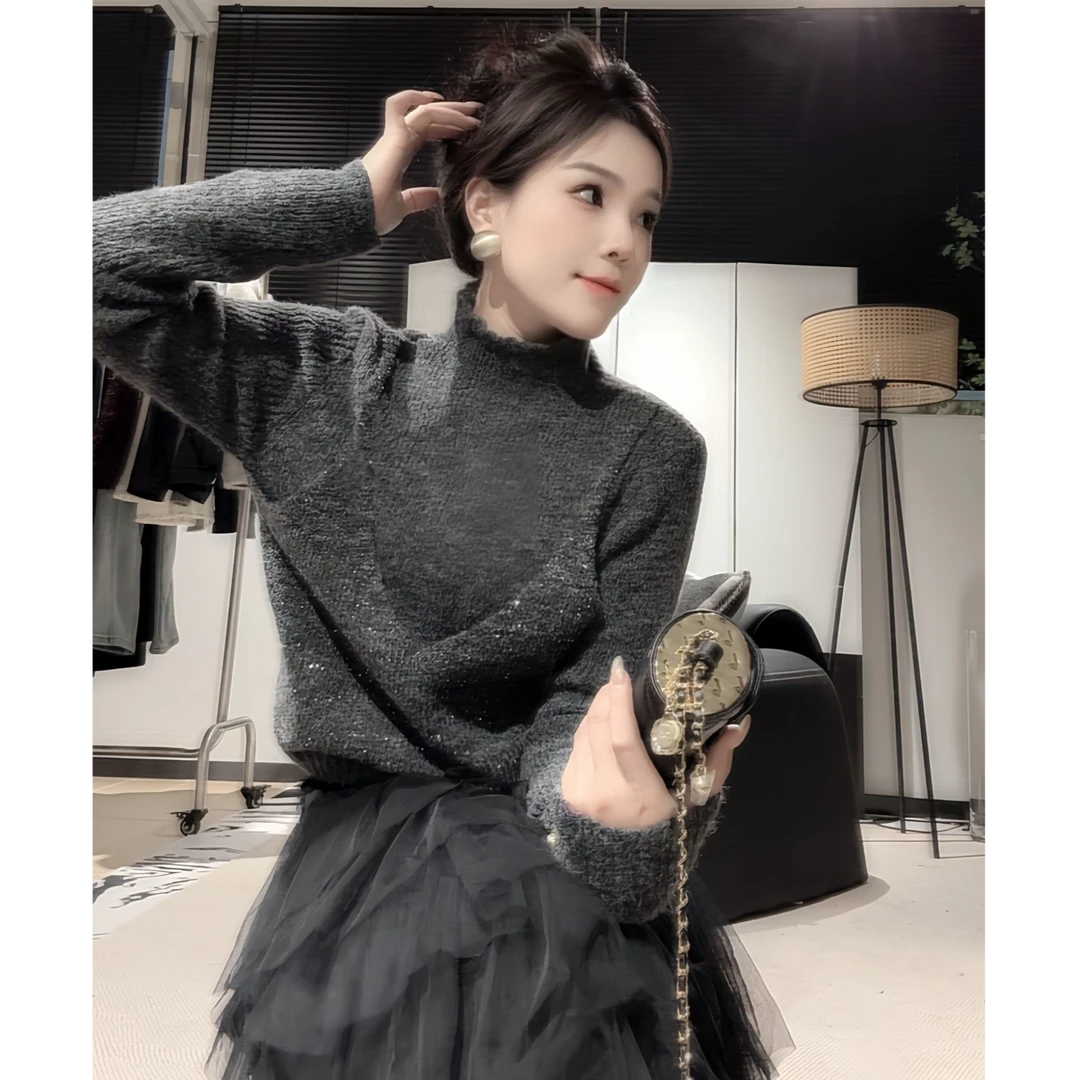 LINDAJUN 2024新款网红半高领长袖假两件上衣