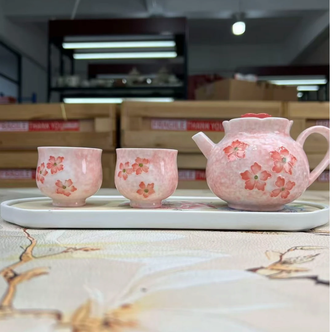 粉彩堆料樱花-花口壶+樱花圆融杯+盘-3137
