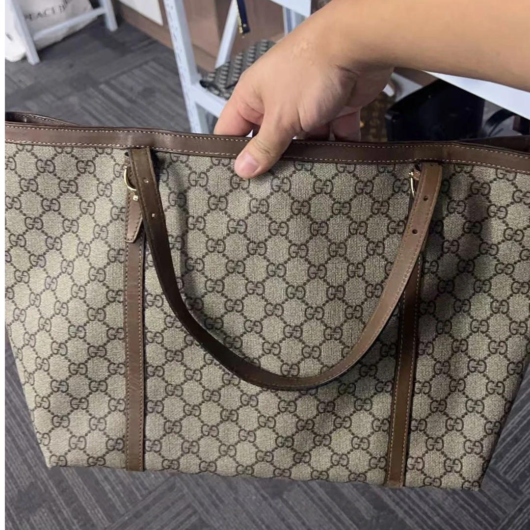 95新 GUCCI/古驰 【白菜】棕老花拼棕PVC拼牛皮托特包/BGH003690143