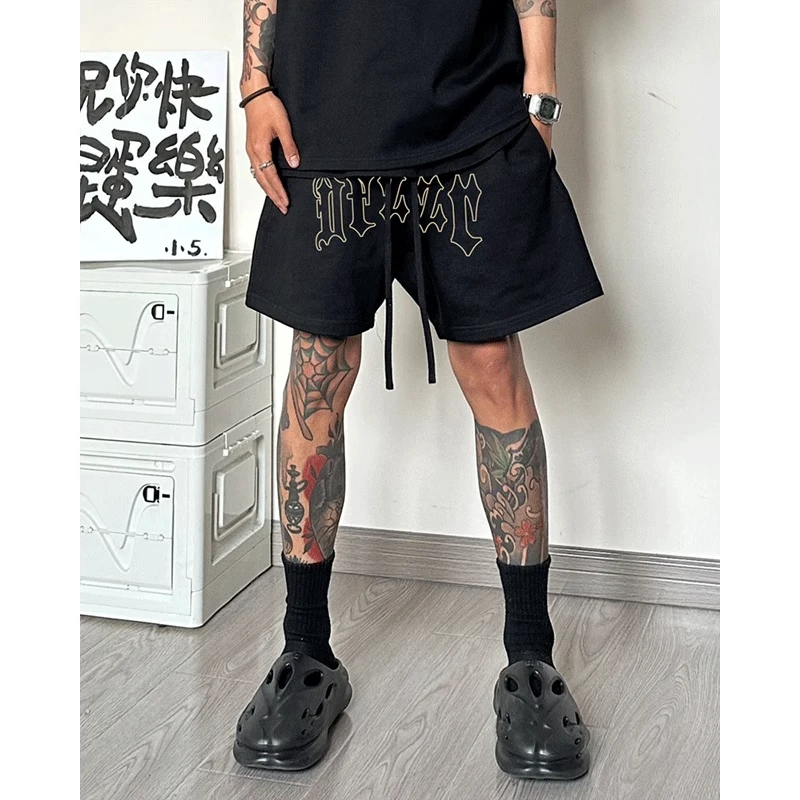 美式高街篮球运动抽绳短裤男款夏季潮牌字母印花直筒宽松五分裤子
