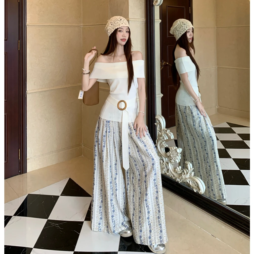 法式套装气质一字肩修身短袖针织衫女夏季洋气潮流显瘦阔腿裤裙