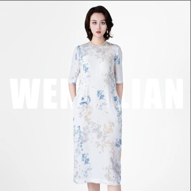 WENSILIAN【瓷烟】100%桑蚕丝连衣裙（裙长:112cm）WS12-YSSS151729