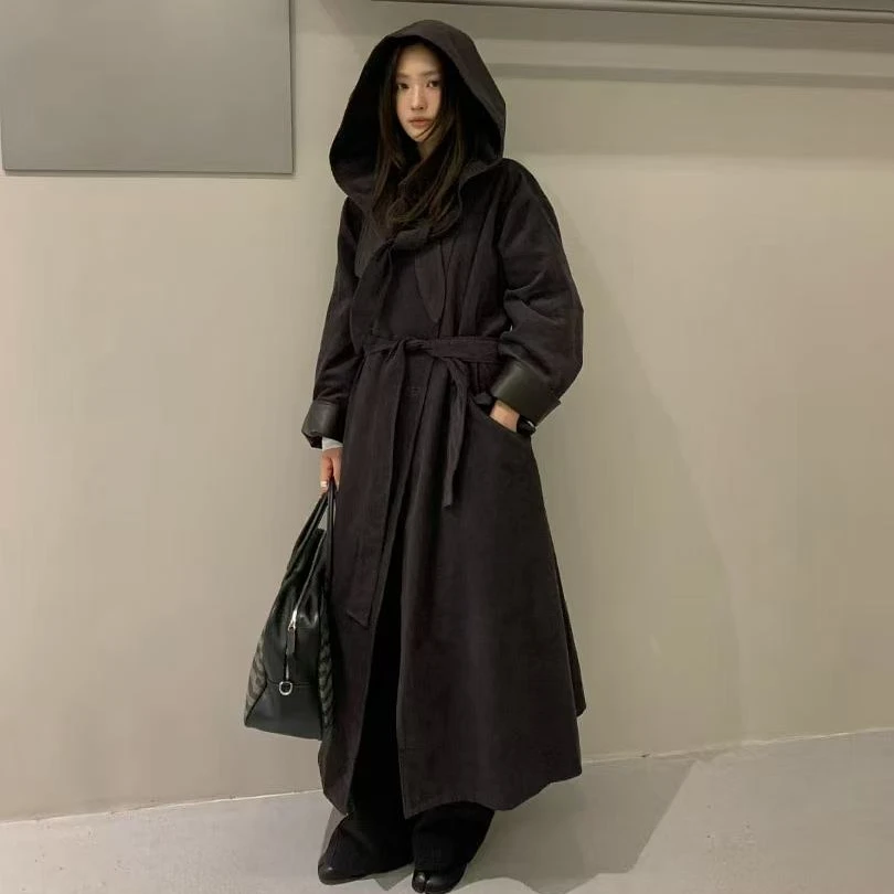 【清】逸语F.THREE三姐妹2025冬季韩系厚款灯芯绒风衣（可拆帽）98075
