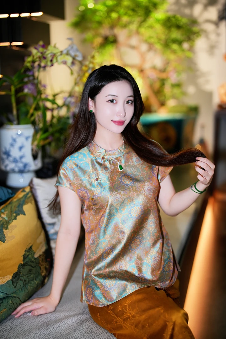 蓝大【竹影深】桑蚕丝新中式无袖上衣5115