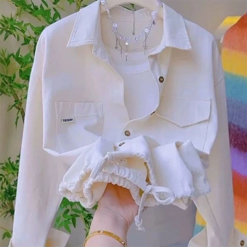 白色Polo领牛仔棉衬衫外套女春秋季外搭开衫下摆抽绳宽松百搭衬衣