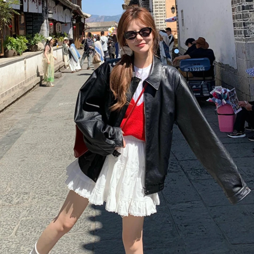 黑色皮衣外套女春秋新款港风复古宽松小个子显瘦高级感机车皮夹克