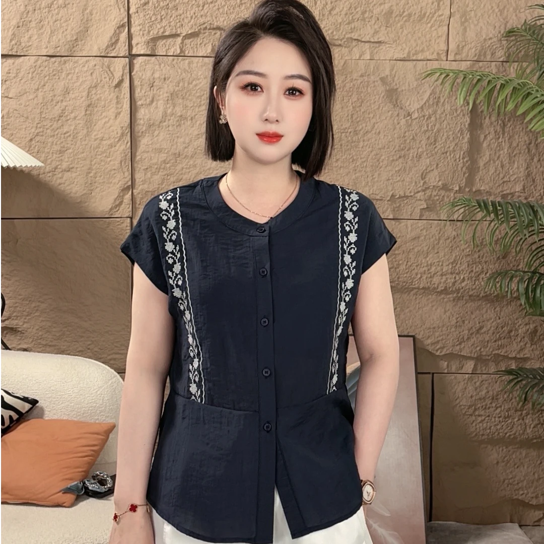 2025夏季新款轻薄圆领设计感开衫薄款舒适短袖衬衣女上衣