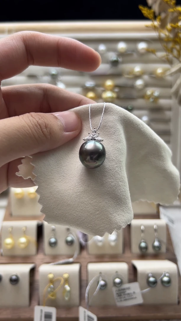 银S925镶嵌吊坠(不含链)海水珍珠13.8mm椭圆大溪地孔雀绿吊坠