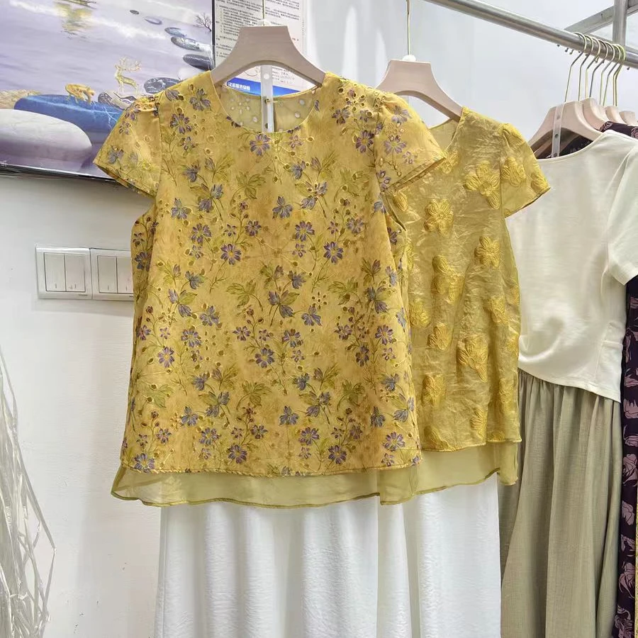 镂空新中式薄款提花夏季圆领衬衫中国风女装宽松休闲（256106#）