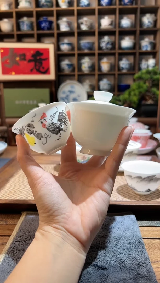 【闪购商品】纯白元宝骨瓷盖+手绘骨瓷鸡杯