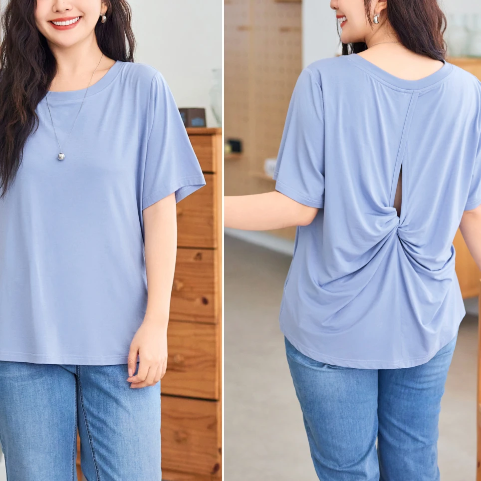 【设计感后背扭结镂空T恤】MsShe大码女装秋季正肩短袖圆领Q2507001