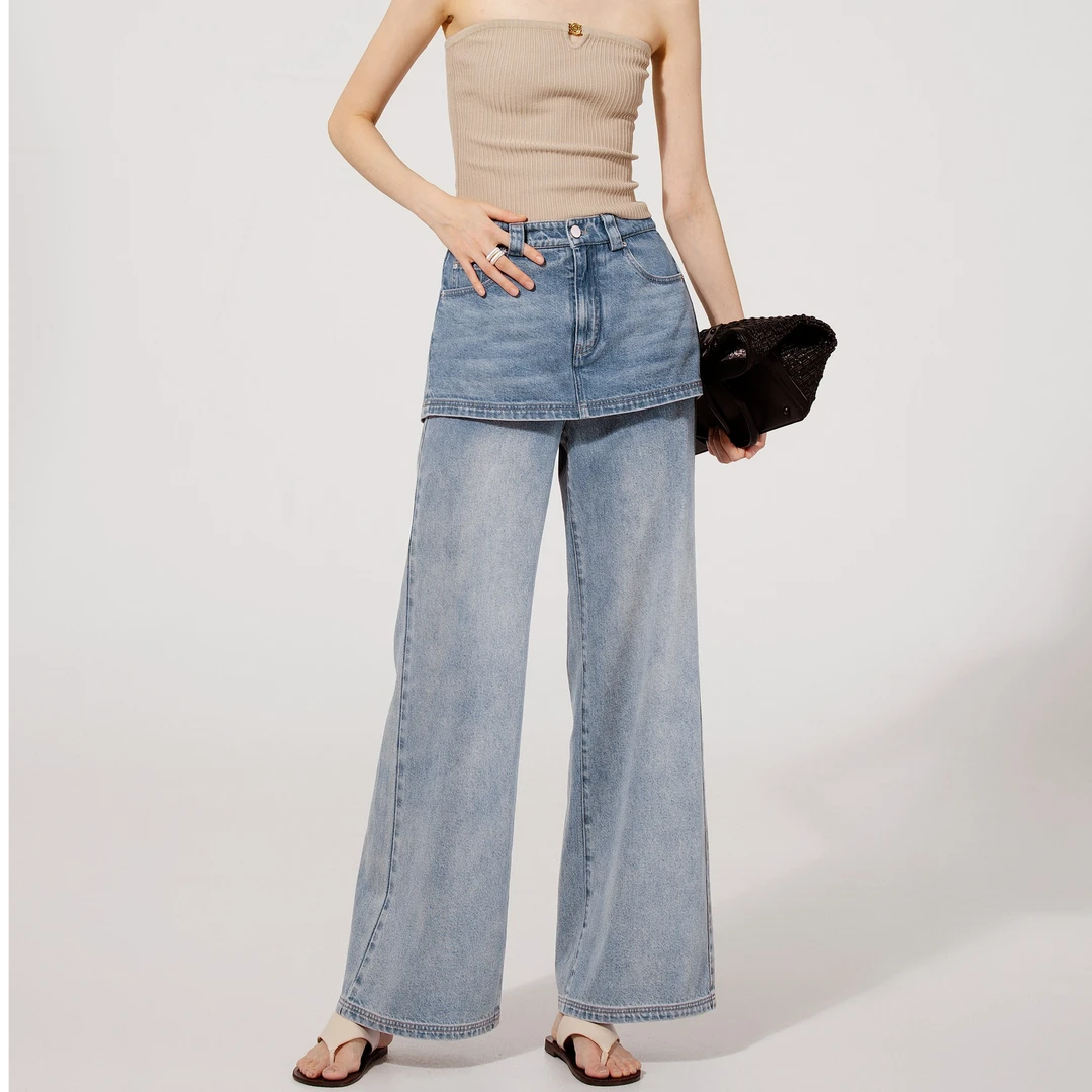 U/TI【25夏季新品】莱赛尔高定混纺设计感假两件拼接高街风牛仔裙裤