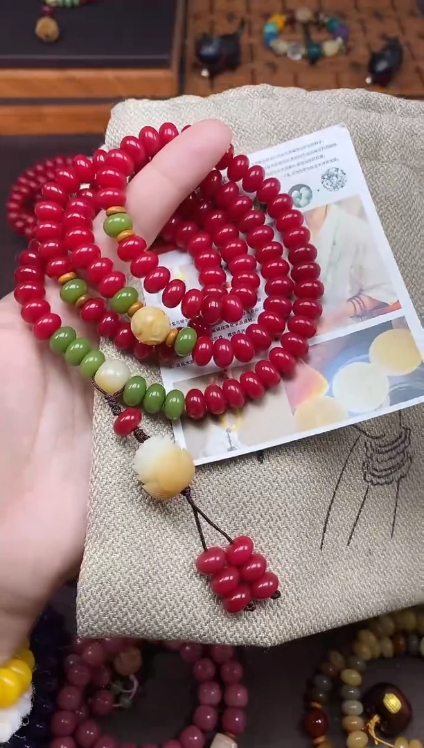 手串白玉菩提红菩提小米珠108颗雕刻火莲花手串