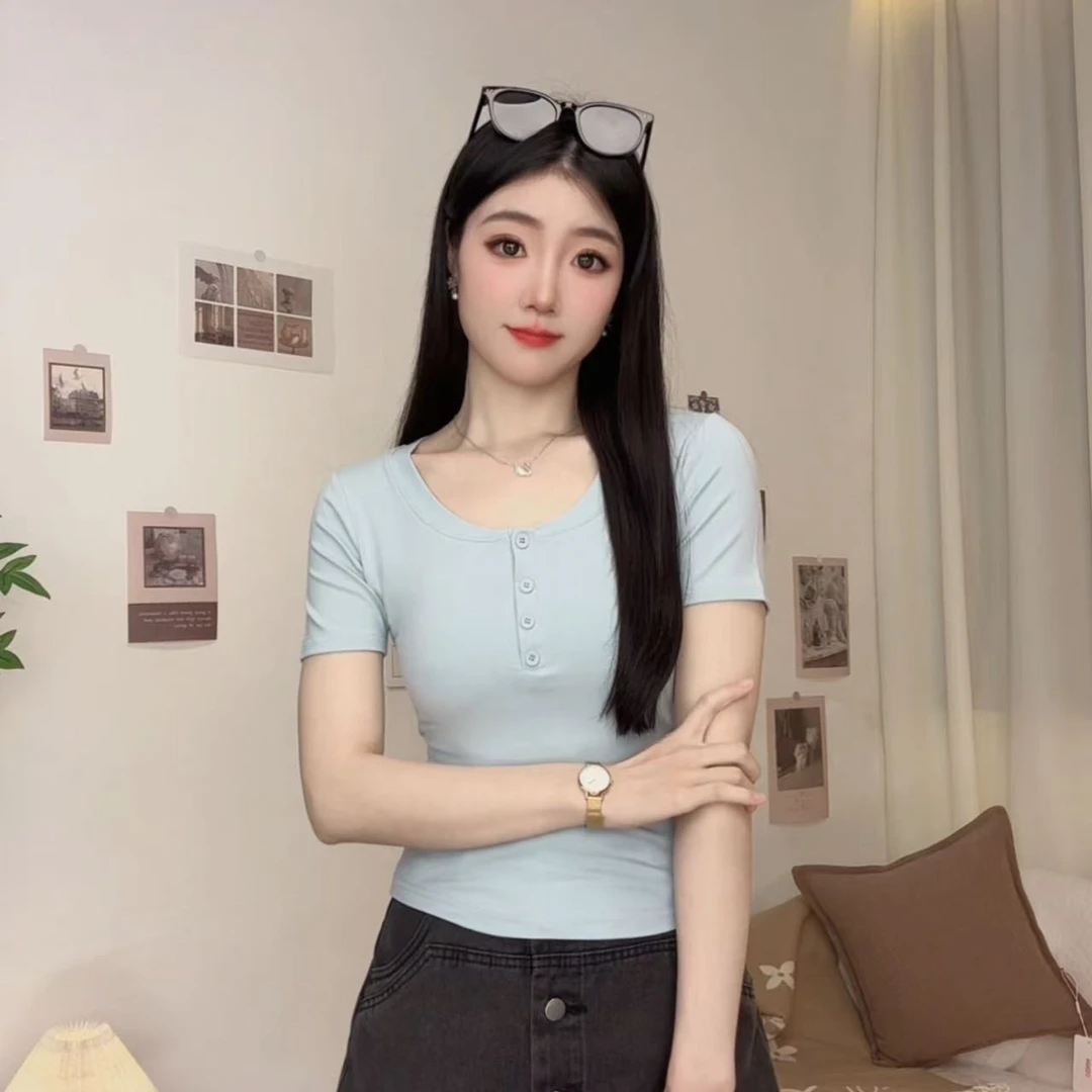 【啊哈专属】高级感纽扣t恤正肩U领百搭修身显瘦收腰捏褶短袖打底衫