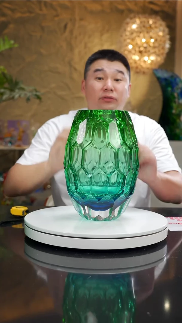 琉璃手工艺品蓝绿色凹面花瓶