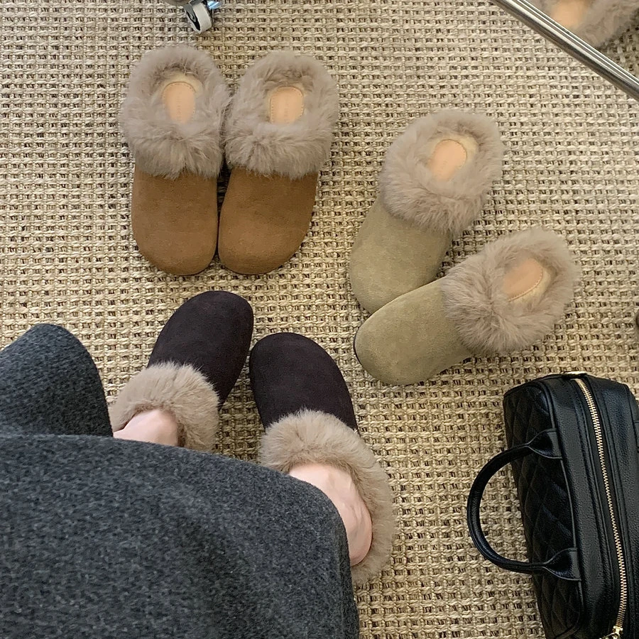 真皮版~秋冬复古磨砂皮厚底外穿包头毛毛鞋兔毛加绒保暖半拖鞋